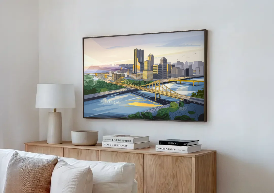 Pittsburgh Golden Triangle View canvas wall art above a wooden sideboard next to a sofa
