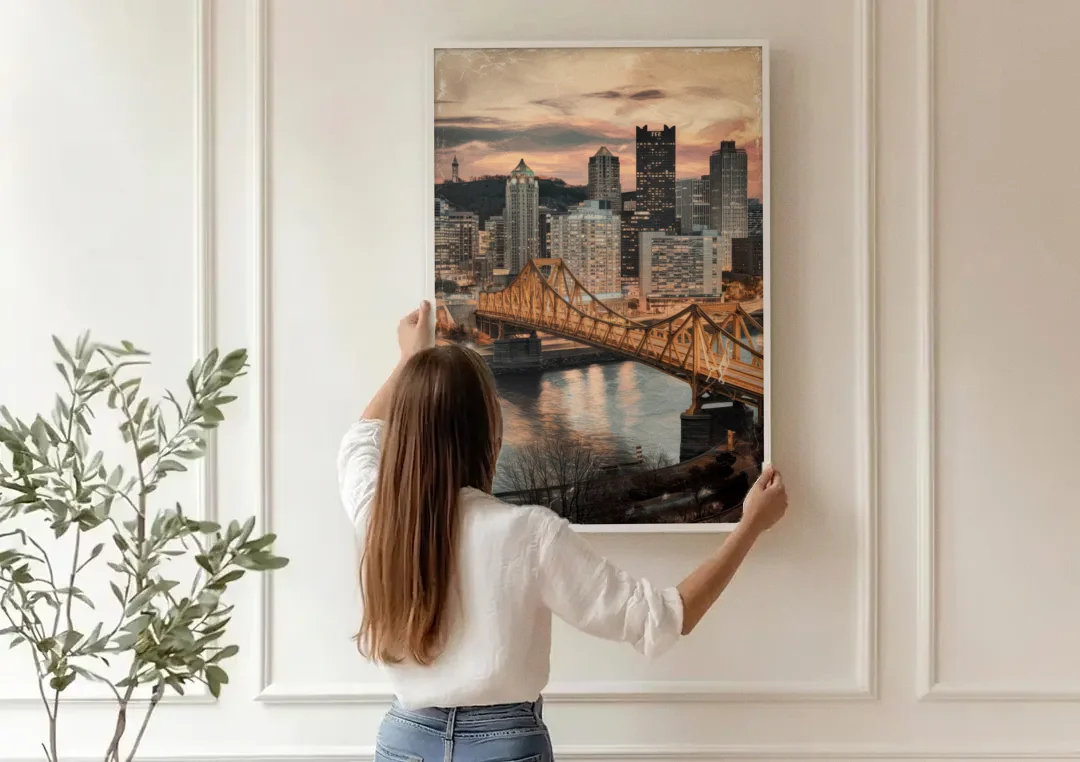 Pittsburgh Historic Landmarks canvas wall art being hung on a paneled wall