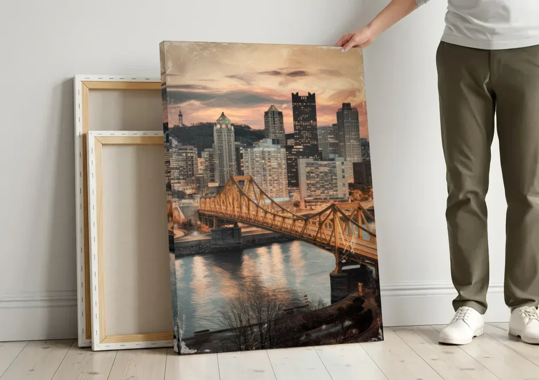 Pittsburgh Historic Landmarks canvas wall art leaning against a wall next to blank canvases