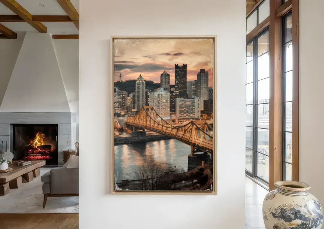 Pittsburgh Historic Landmarks canvas wall art in a living room with a fireplace