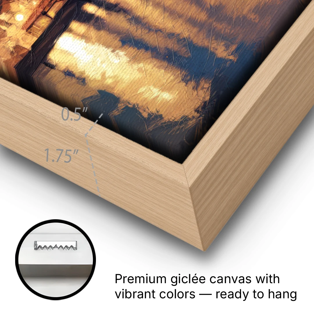 Pittsburgh Nighttime Glow - Oak Framed Canvas Wall Art - Gallery Wrap Corner
