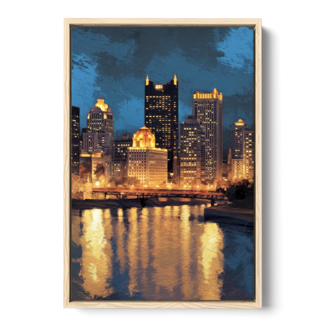 Pittsburgh Nighttime Glow - Oak Framed Canvas Wall Art - Front
