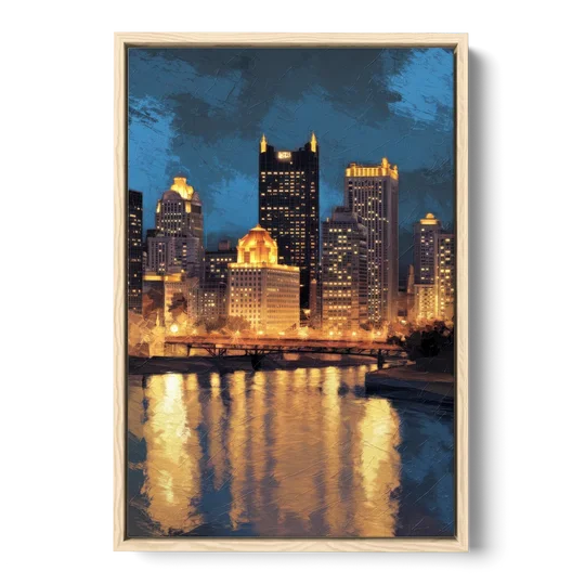 Pittsburgh Nighttime Glow - Oak Framed Canvas Wall Art - Front