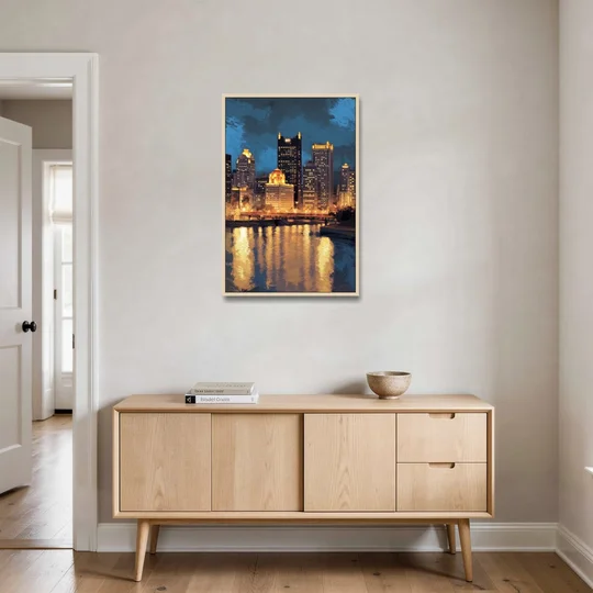 Pittsburgh Nighttime Glow - Oak Framed Canvas Wall Art - Coffee Table - 24x36