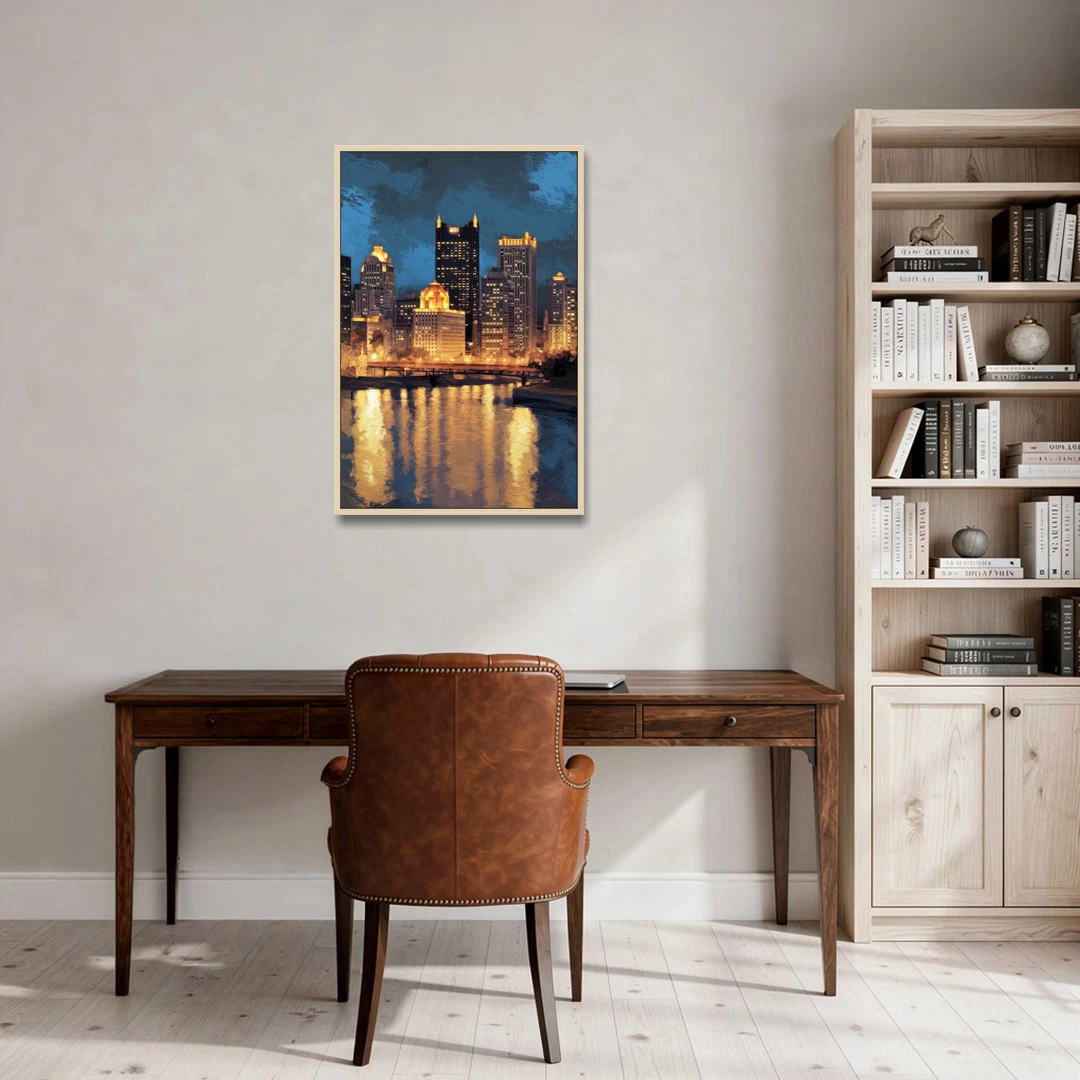 Pittsburgh Nighttime Glow - Oak Framed Canvas Wall Art - Office - 24x36