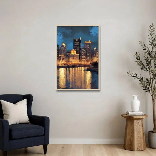 Pittsburgh Nighttime Glow - Oak Framed Canvas Wall Art - Sofa - 24x36