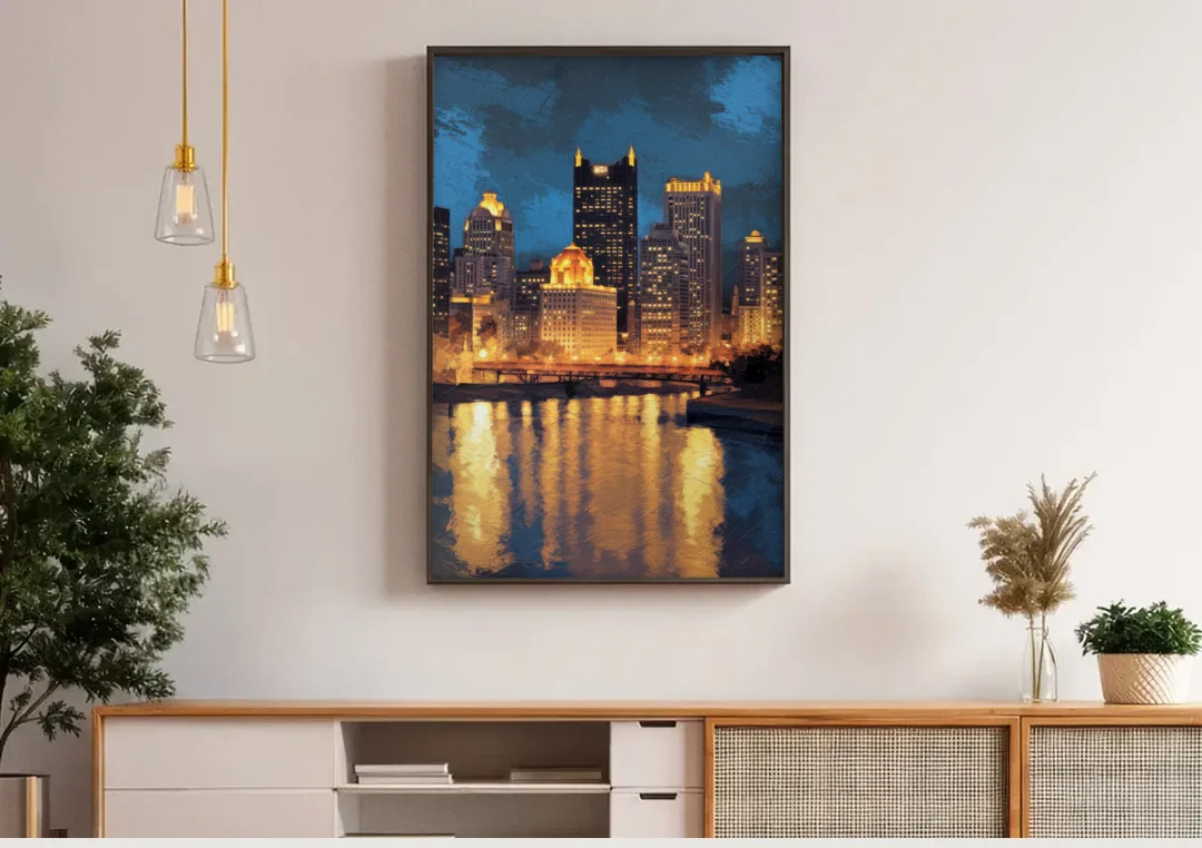 Pittsburgh Nighttime Glow canvas wall art above a wooden sideboard under pendant lights