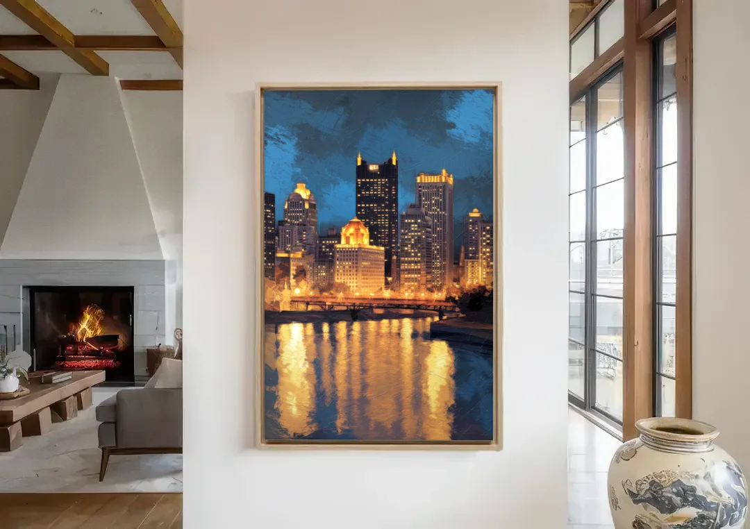 Pittsburgh Nighttime Glow canvas wall art in a living room with a fireplace