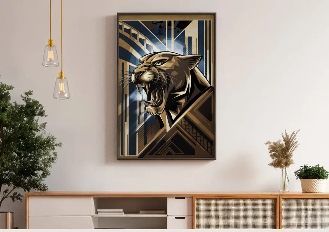 Pittsburgh Panthers Spirit canvas wall art above a wooden sideboard under pendant lights