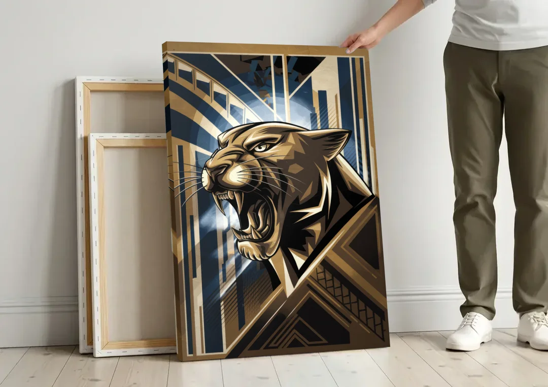 Pittsburgh Panthers Spirit canvas wall art leaning against a wall next to blank canvases