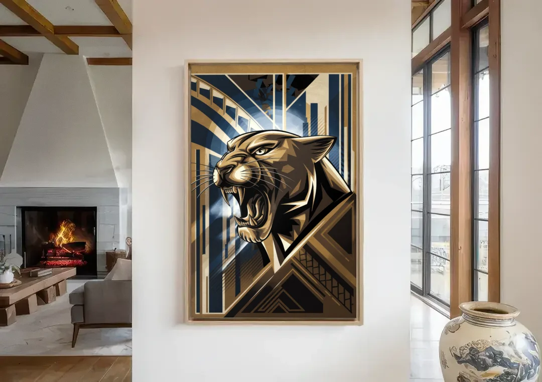 Pittsburgh Panthers Spirit canvas wall art in a living room with a fireplace
