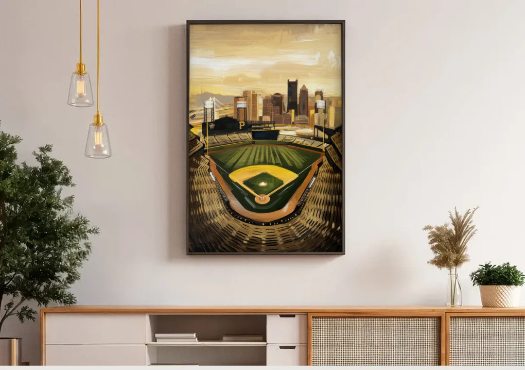 Pittsburgh Pirates Heritage canvas wall art above a wooden sideboard under pendant lights