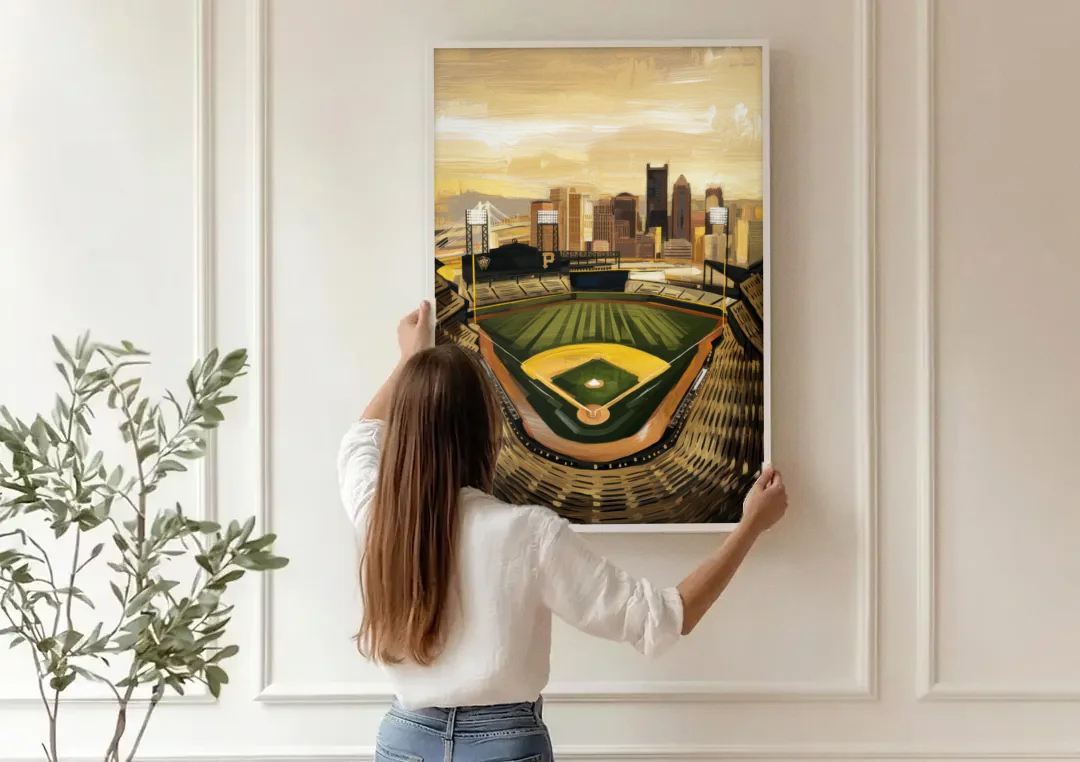 Pittsburgh Pirates Heritage canvas wall art being hung on a paneled wall