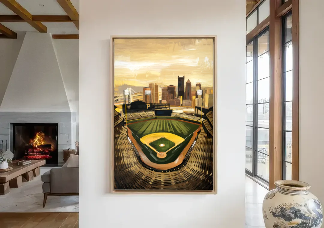 Pittsburgh Pirates Heritage canvas wall art in a living room with a fireplace