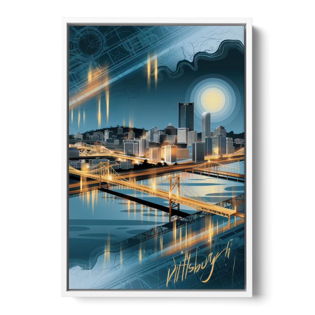Pittsburgh Skyline and Map - White Framed Canvas Wall Art - Front