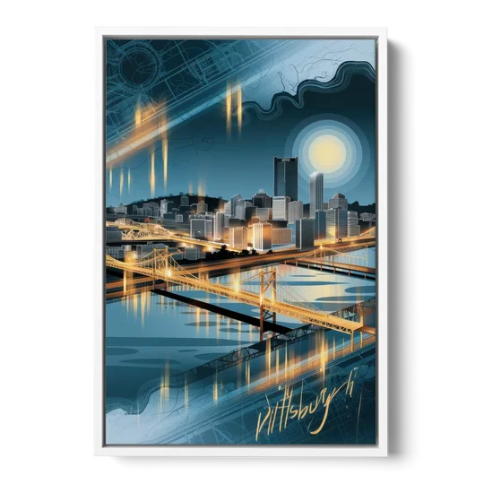 Pittsburgh Skyline and Map - White Framed Canvas Wall Art - Front