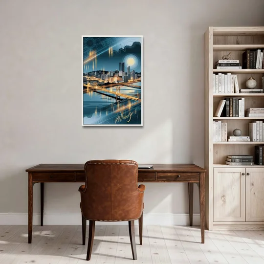 Pittsburgh Skyline and Map - White Framed Canvas Wall Art - Office - 24x36