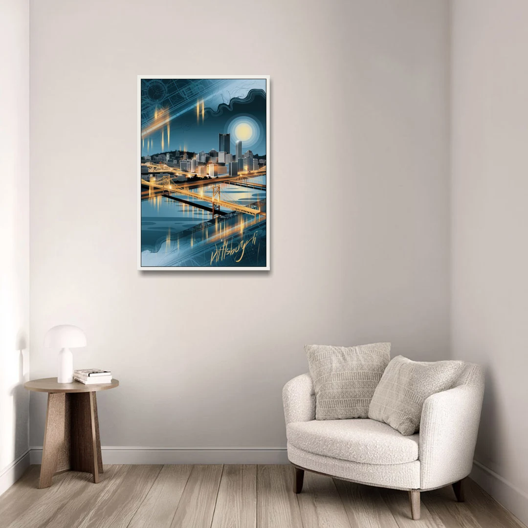 Pittsburgh Skyline and Map - White Framed Canvas Wall Art - Sofa - 24x36