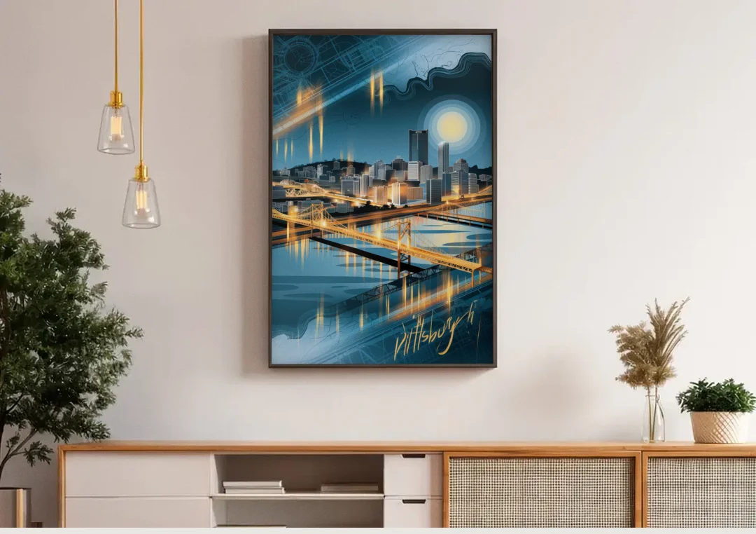 Pittsburgh Skyline and Map canvas wall art above a wooden sideboard under pendant lights