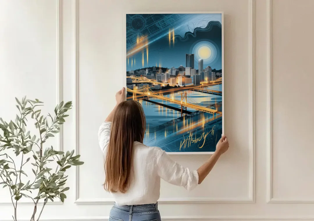 Pittsburgh Skyline and Map canvas wall art being hung on a paneled wall
