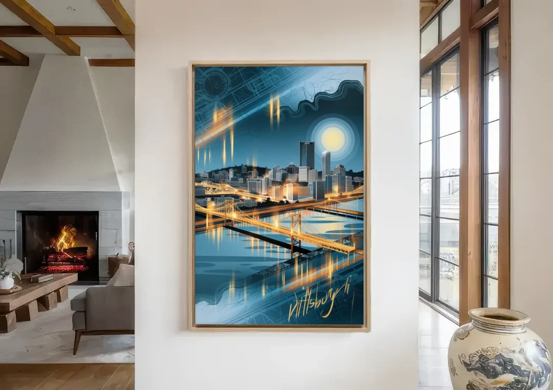 Pittsburgh Skyline and Map canvas wall art in a living room with a fireplace