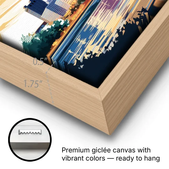 Pittsburgh Skyline At Sunset - Oak Framed Canvas Wall Art - Gallery Wrap Corner