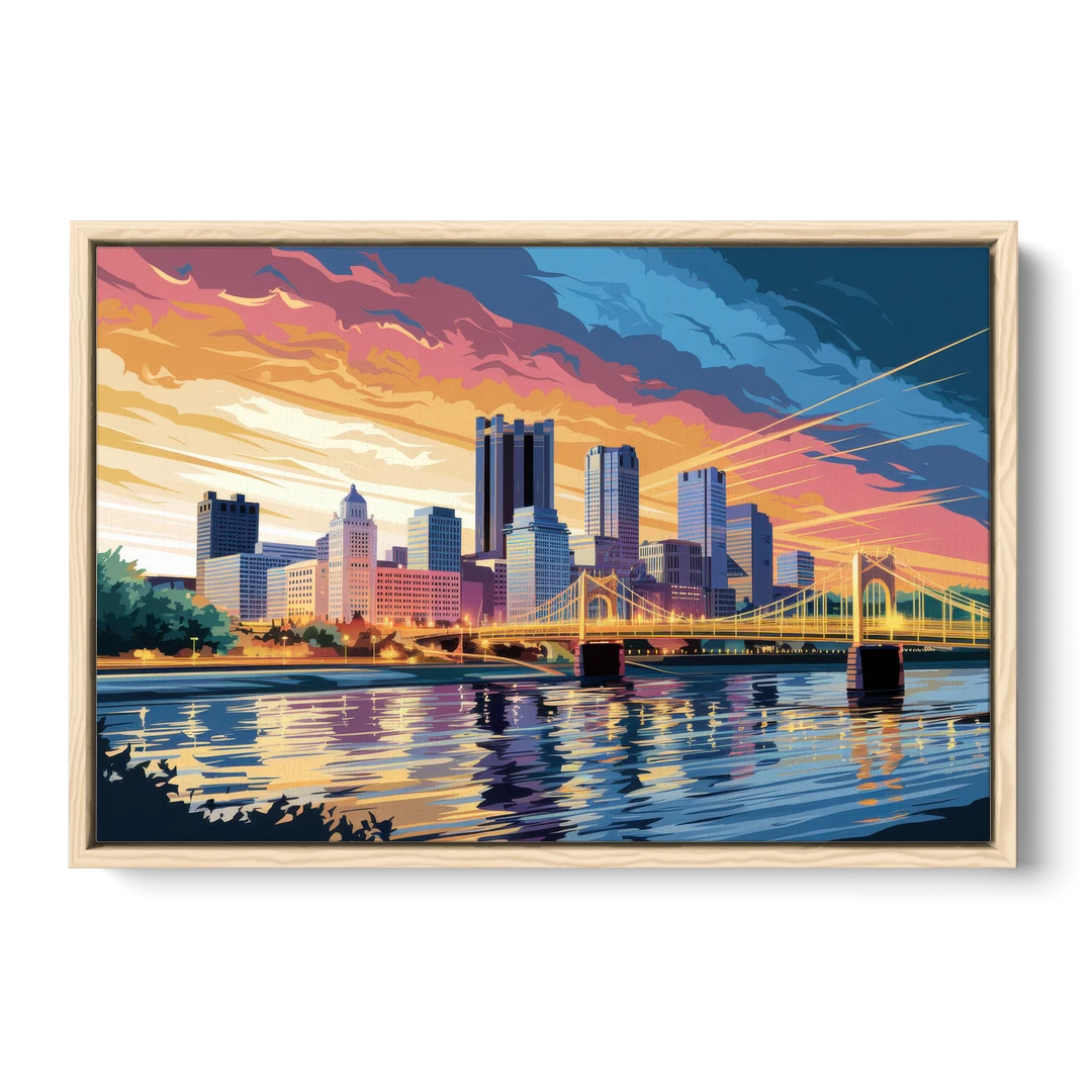 Pittsburgh Skyline At Sunset - Oak Framed Canvas Wall Art - Front