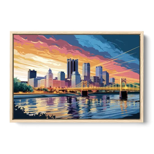 Pittsburgh Skyline At Sunset - Oak Framed Canvas Wall Art - Front