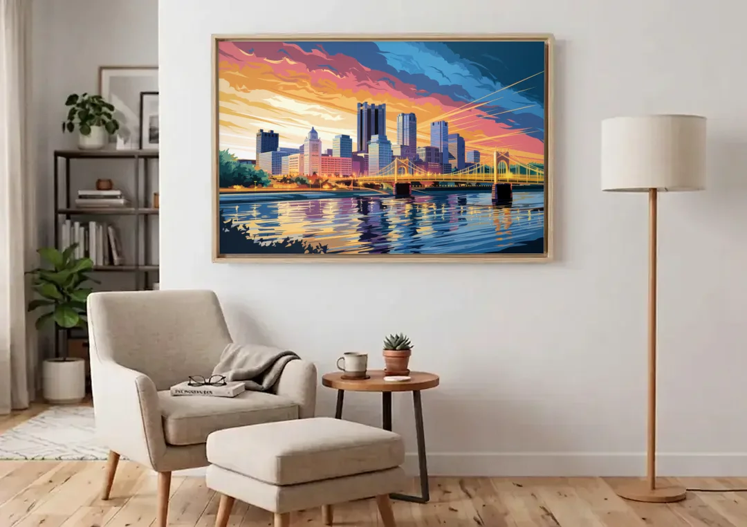 Pittsburgh Skyline At Sunset canvas wall art above an armchair in a bright living room