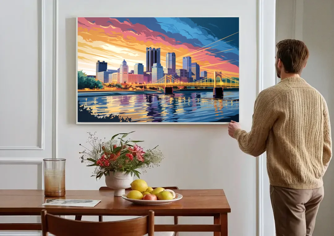 Pittsburgh Skyline At Sunset canvas wall art above a dining table