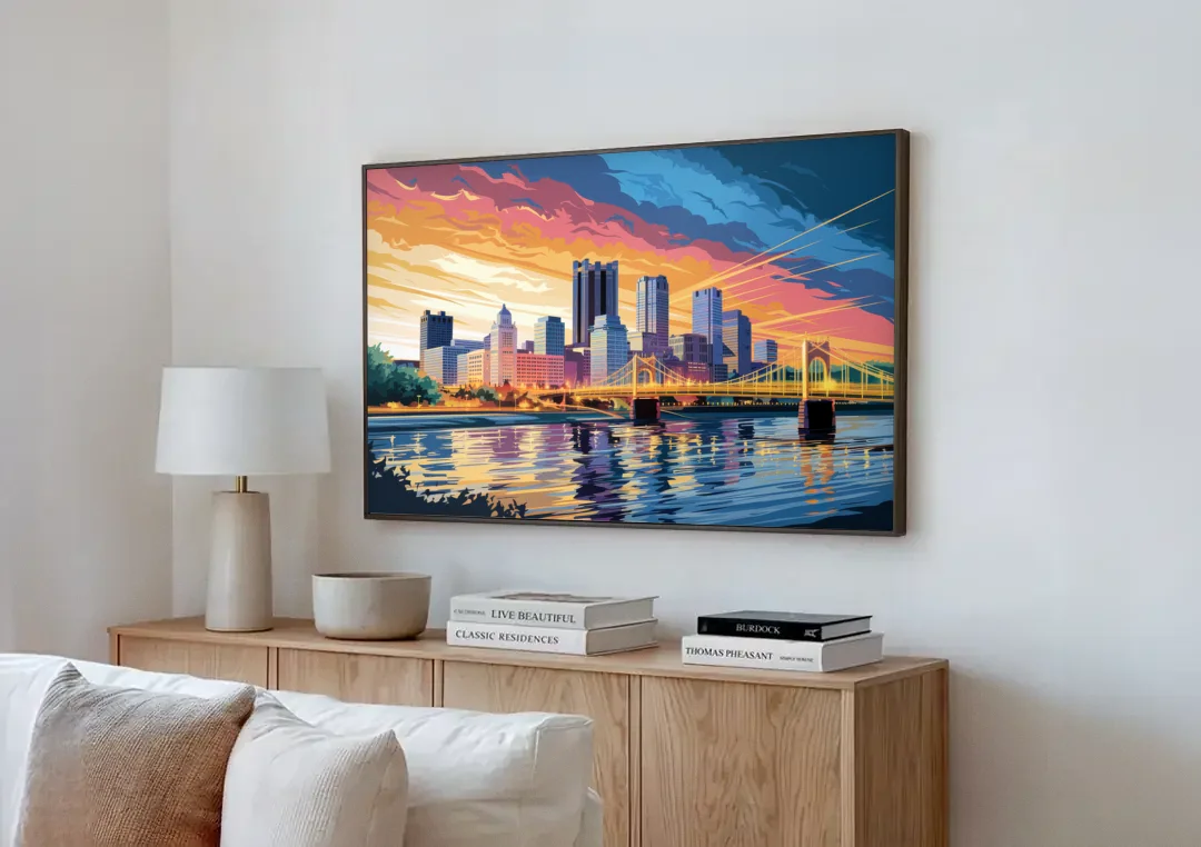 Pittsburgh Skyline At Sunset canvas wall art above a wooden sideboard next to a sofa