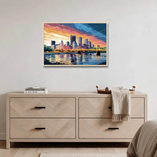 Pittsburgh Skyline At Sunset - Oak Framed Canvas Wall Art - Coffee Table - 36x24