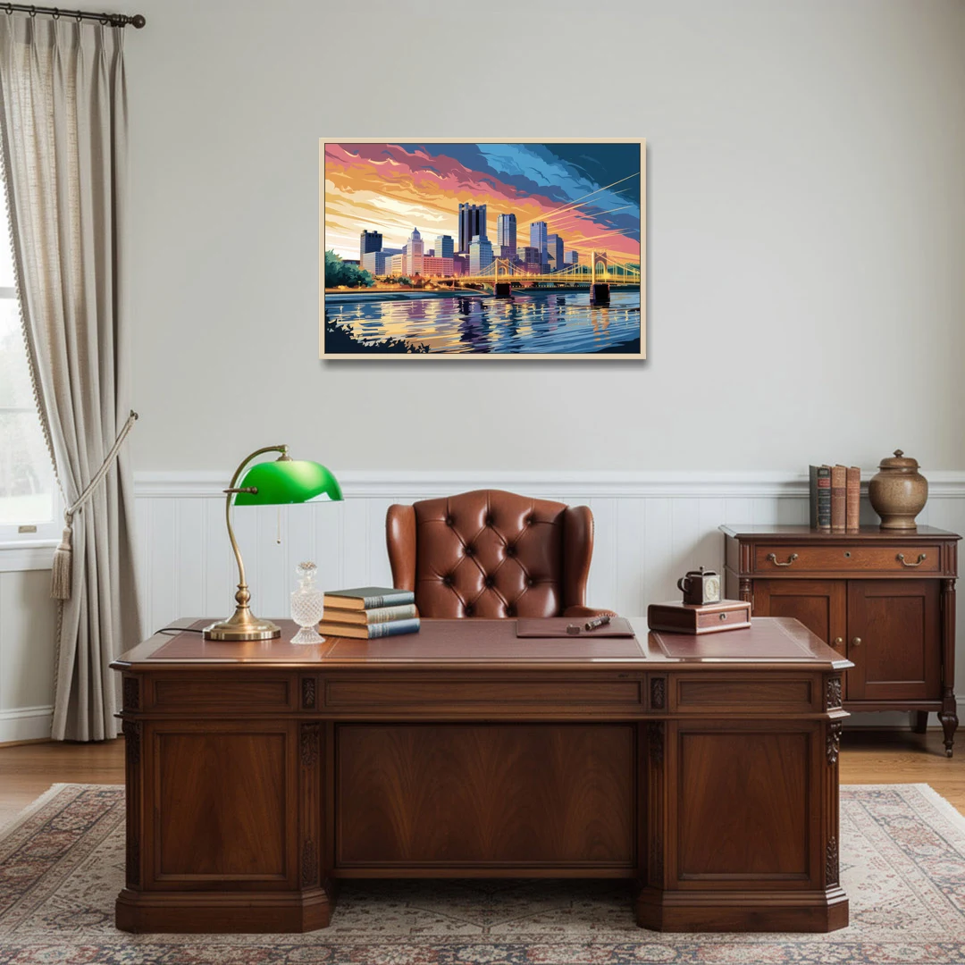Pittsburgh Skyline At Sunset - Oak Framed Canvas Wall Art - Office - 36x24