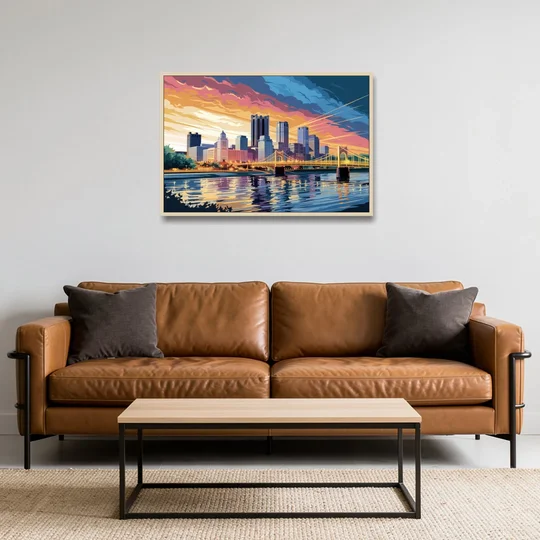 Pittsburgh Skyline At Sunset - Oak Framed Canvas Wall Art - Sofa - 36x24