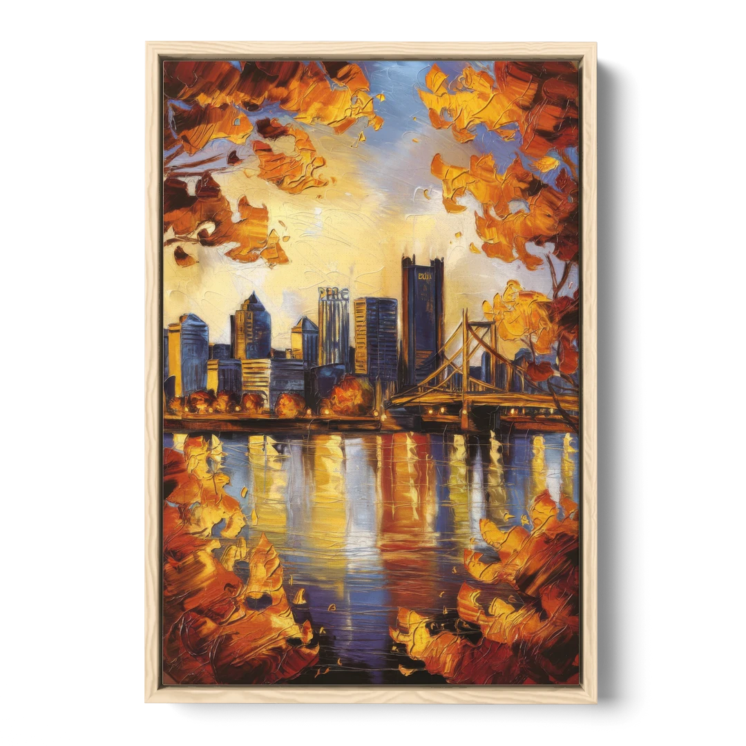 Pittsburgh Skyline in Autumn - Oak Framed Canvas Wall Art - Front