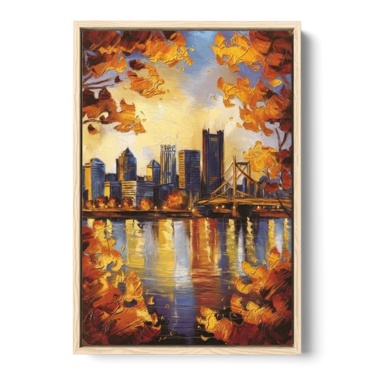 Pittsburgh Skyline in Autumn - Oak Framed Canvas Wall Art - Front