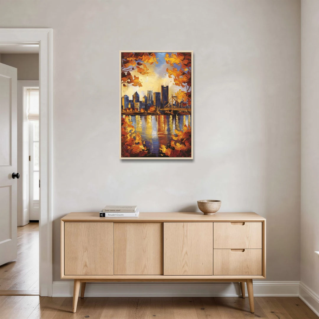 Pittsburgh Skyline in Autumn - Oak Framed Canvas Wall Art - Coffee Table - 24x36