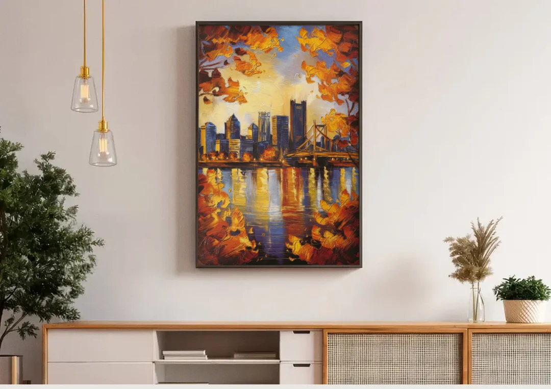Pittsburgh Skyline in Autumn canvas wall art above a wooden sideboard under pendant lights