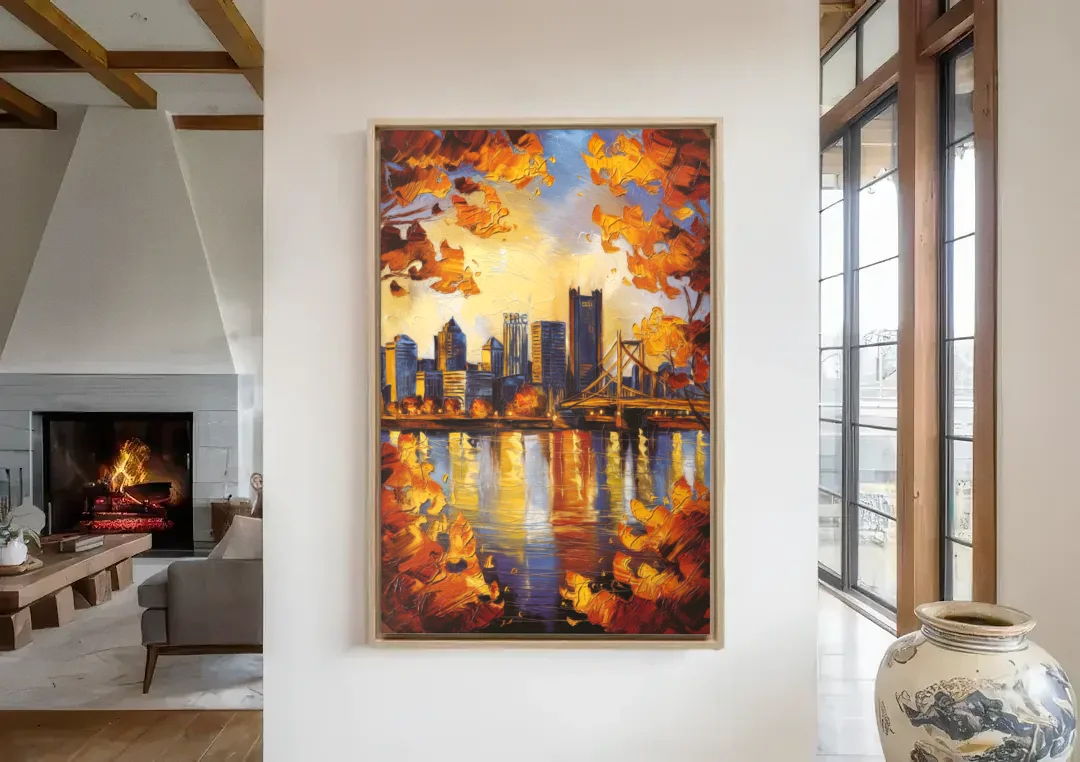 Pittsburgh Skyline in Autumn canvas wall art in a living room with a fireplace