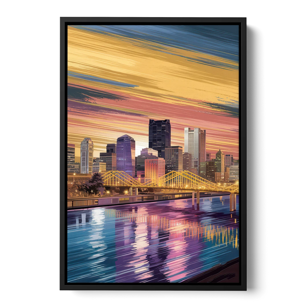 Pittsburgh Skyline Reflection - Black Framed Canvas Wall Art - Front
