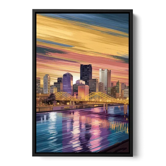 Pittsburgh Skyline Reflection - Black Framed Canvas Wall Art - Front