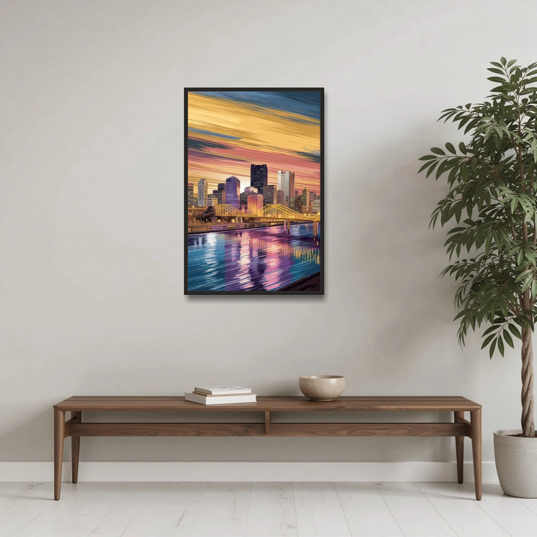 Pittsburgh Skyline Reflection - Black Framed Canvas Wall Art - Coffee Table - 24x36