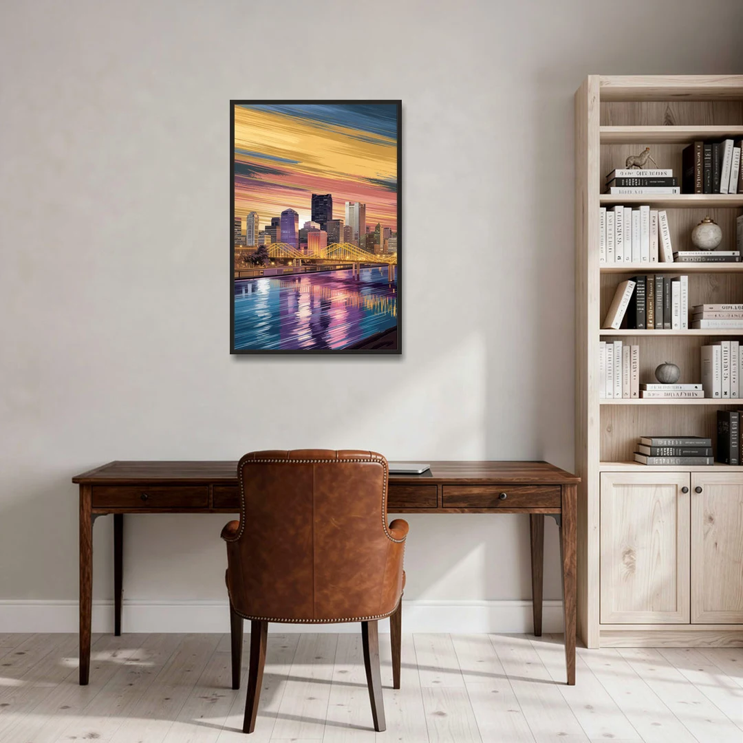 Pittsburgh Skyline Reflection - Black Framed Canvas Wall Art - Office - 24x36