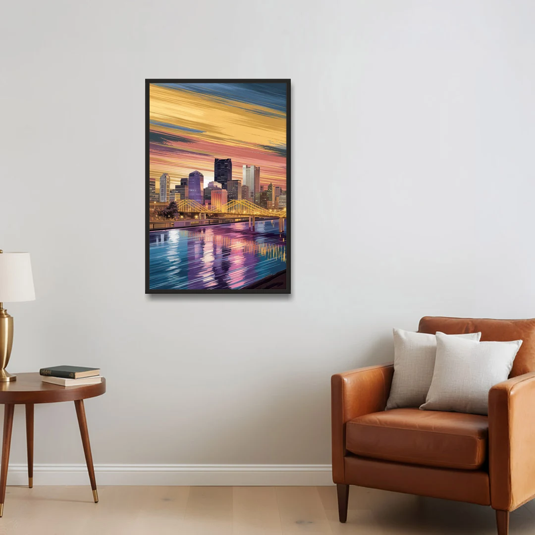 Pittsburgh Skyline Reflection - Black Framed Canvas Wall Art - Sofa - 24x36