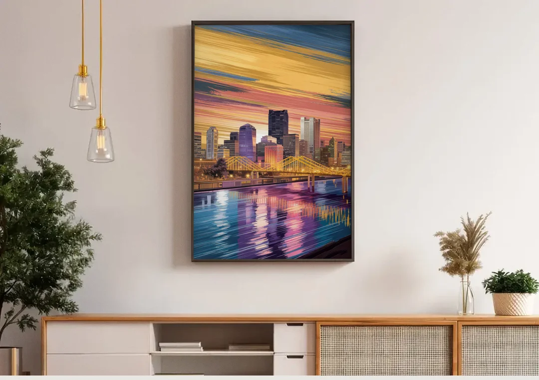 Pittsburgh Skyline Reflection canvas wall art above a wooden sideboard under pendant lights