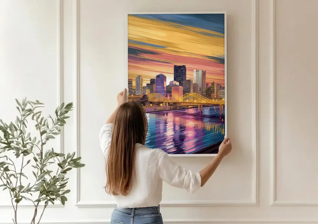 Pittsburgh Skyline Reflection canvas wall art being hung on a paneled wall