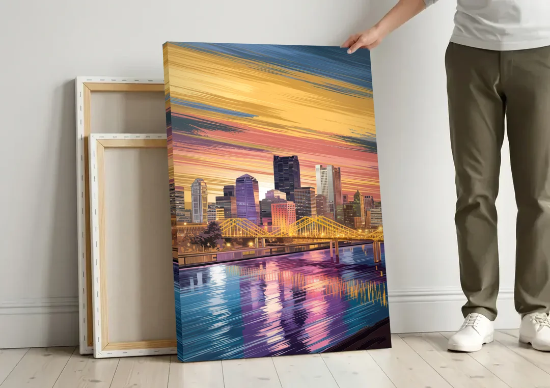 Pittsburgh Skyline Reflection canvas wall art leaning against a wall next to blank canvases