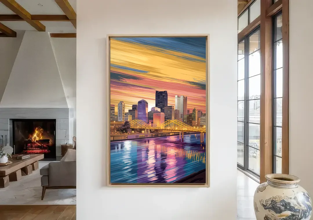 Pittsburgh Skyline Reflection canvas wall art in a living room with a fireplace