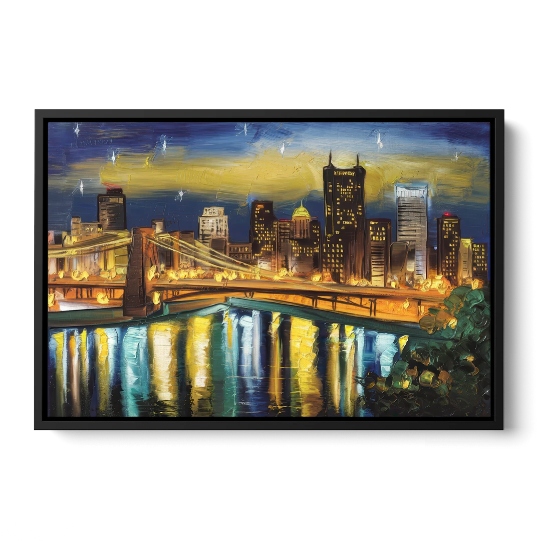Pittsburgh Skyline With Rivers - Black Framed Canvas Wall Art - Front