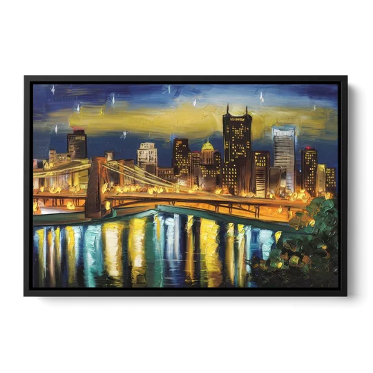 Pittsburgh Skyline With Rivers - Black Framed Canvas Wall Art - Front